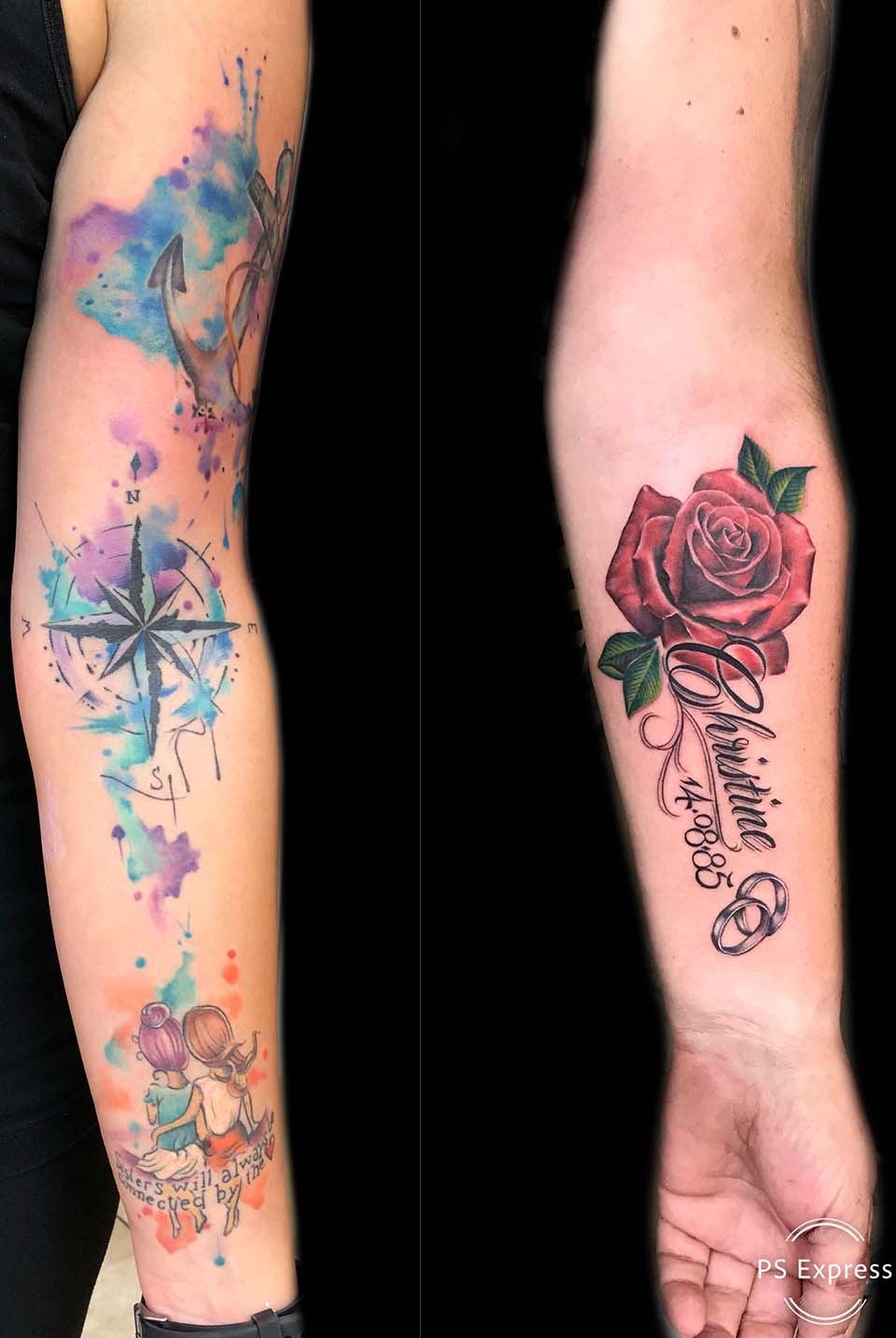 Kompass im Aquarell-Stil und rote Rose an beiden Unterarmen